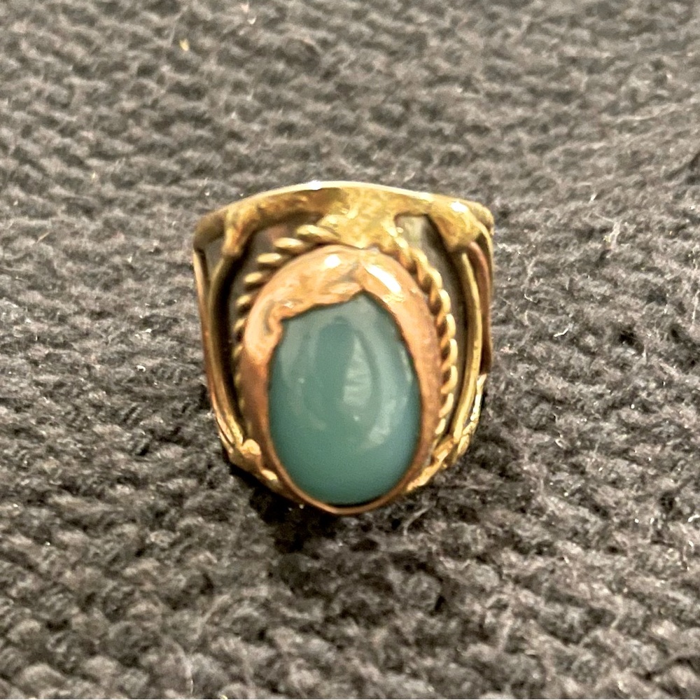 Statement Ring Turquoise Color Stone,Copper Brass Metal Setting Sz10 Adjustable